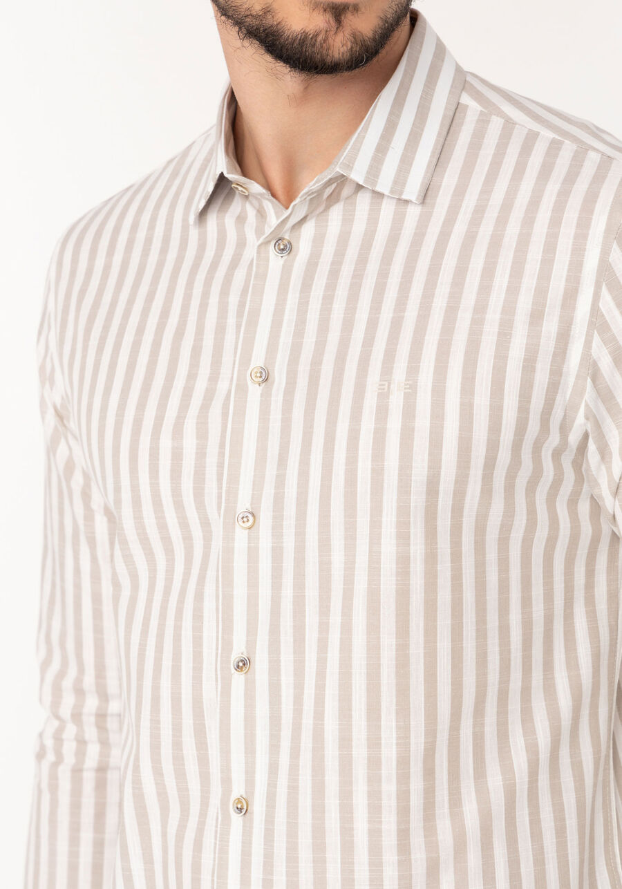 Camisa Listrada De Mangas Longas Slim Fit Masculina, BEGE SYSTEM. Camisa Listrada De Mangas Longas Slim Fit Masculina, BEGE SYSTEM, large.