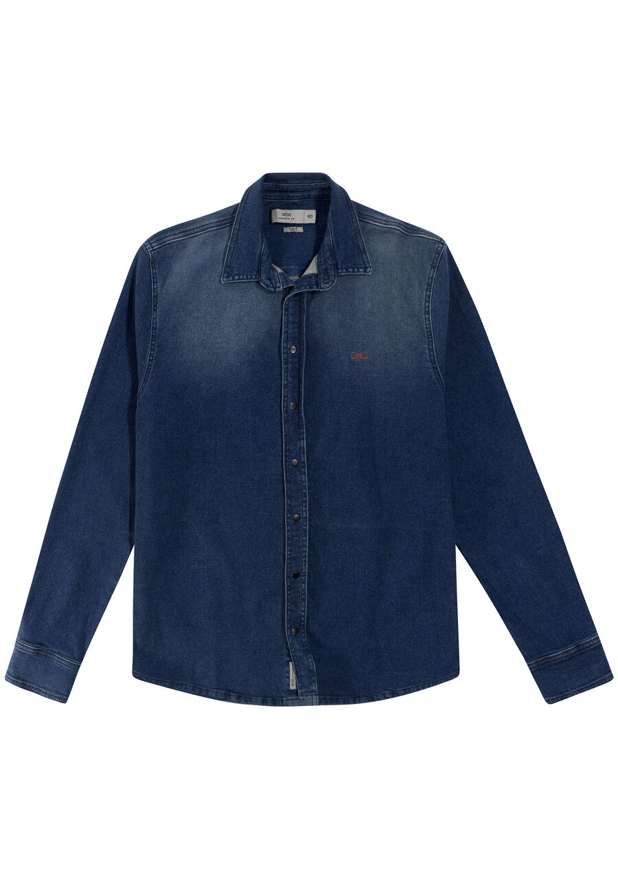 Camisa Jeans Manga Longa Slim Lavagem Escura, JEANS. Camisa Jeans Manga Longa Slim Lavagem Escura, JEANS, large.