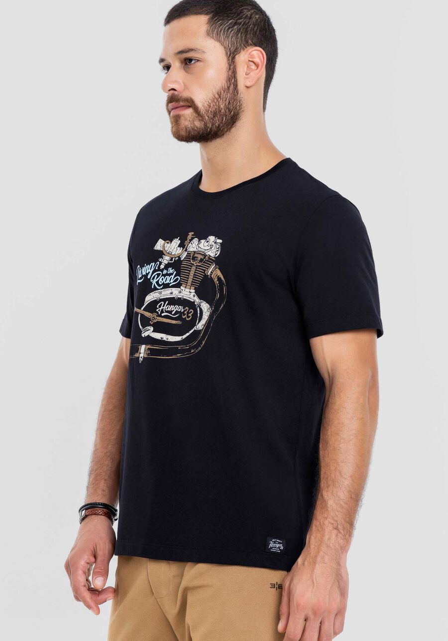 Camiseta Masculina em Meia Malha Estampada, PRETO REATIVO. Camiseta Masculina em Meia Malha Estampada, PRETO REATIVO, large.