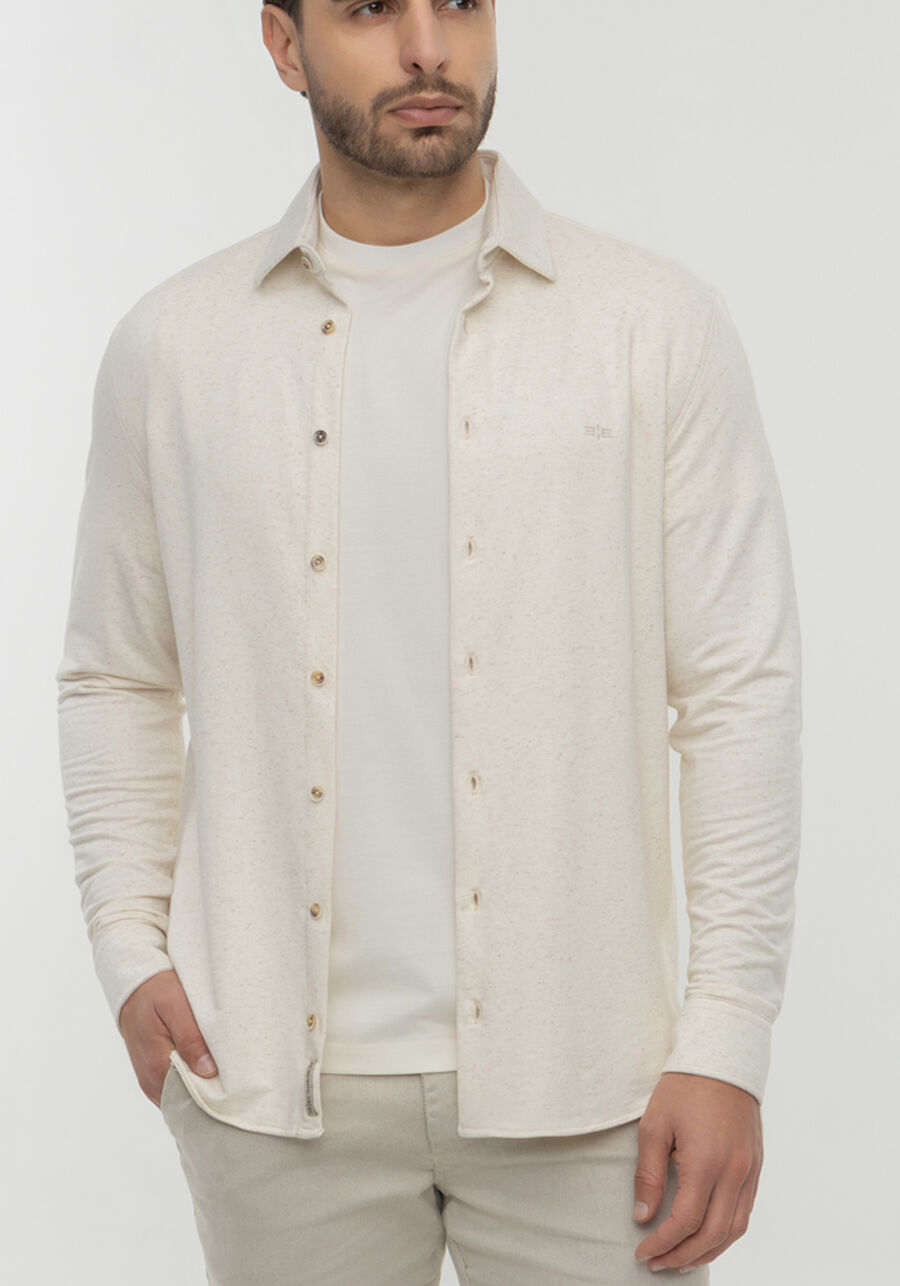 Camisa Masculina Slim Fit De Mangas Longas Em Malha Linho, BRANCO OFF WHITE. Camisa Masculina Slim Fit De Mangas Longas Em Malha Linho, BRANCO OFF WHITE, large.