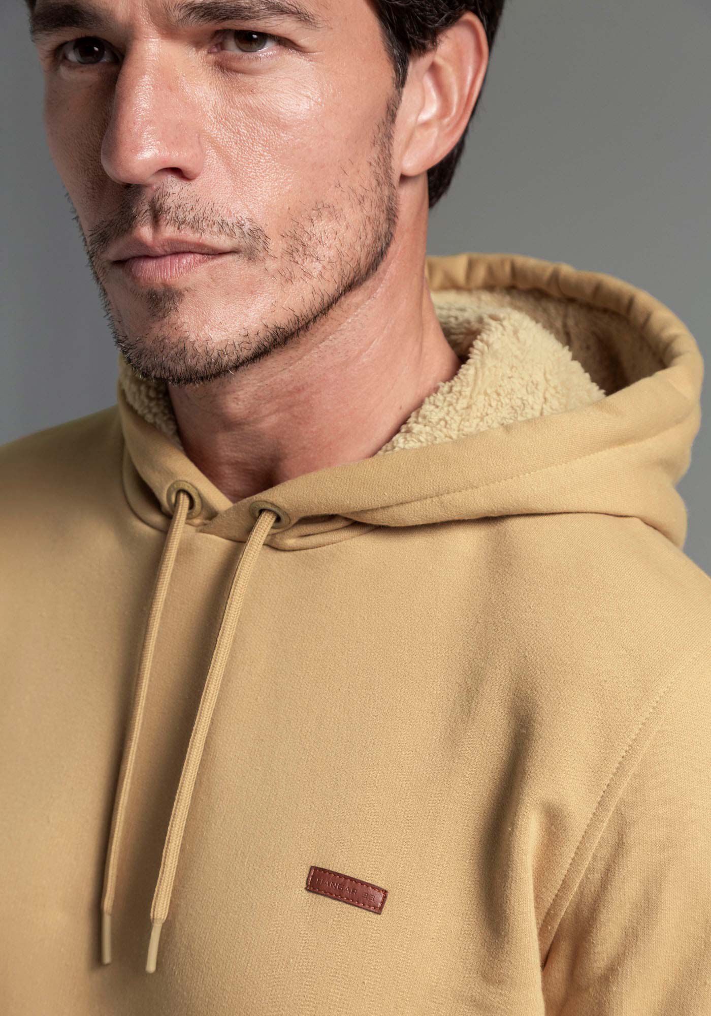 Blus&atilde;o Masculino em Moletom com Pelo Capuz, BEGE SERGE, large.