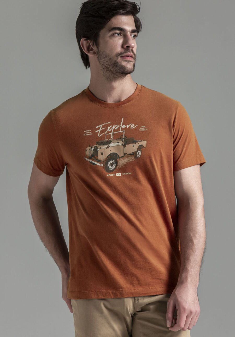 Camiseta Masculina em Malha Peletizada Estampada, LARANJA FERRUGEM. Camiseta Masculina em Malha Peletizada Estampada, LARANJA FERRUGEM, large.