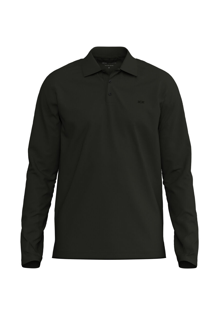 Camisa Polo Com Botões E Mangas Longas Em Malha De Algodão, PRETO. Camisa Polo Com Botões E Mangas Longas Em Malha De Algodão, PRETO, large.