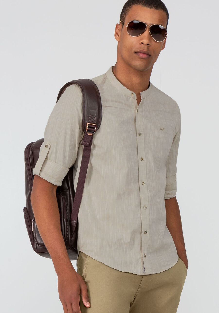 Camisa Masculina Slim Fit de Algodão Gola Padre, . Camisa Masculina Slim Fit de Algodão Gola Padre, , large.