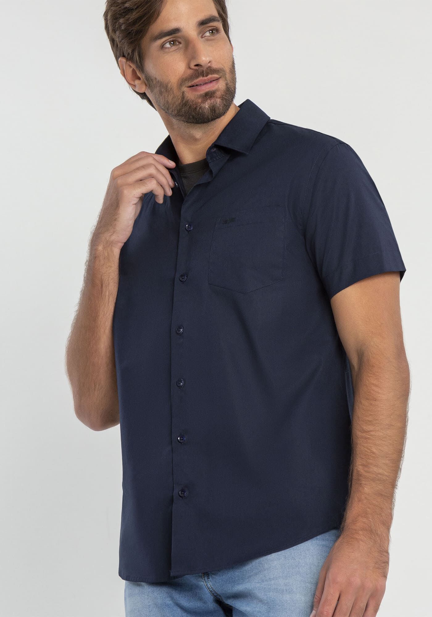 Camisa Comfort De Mangas Curtas Com Bolso Funcional Bordado, MARINHO ACTION, large.