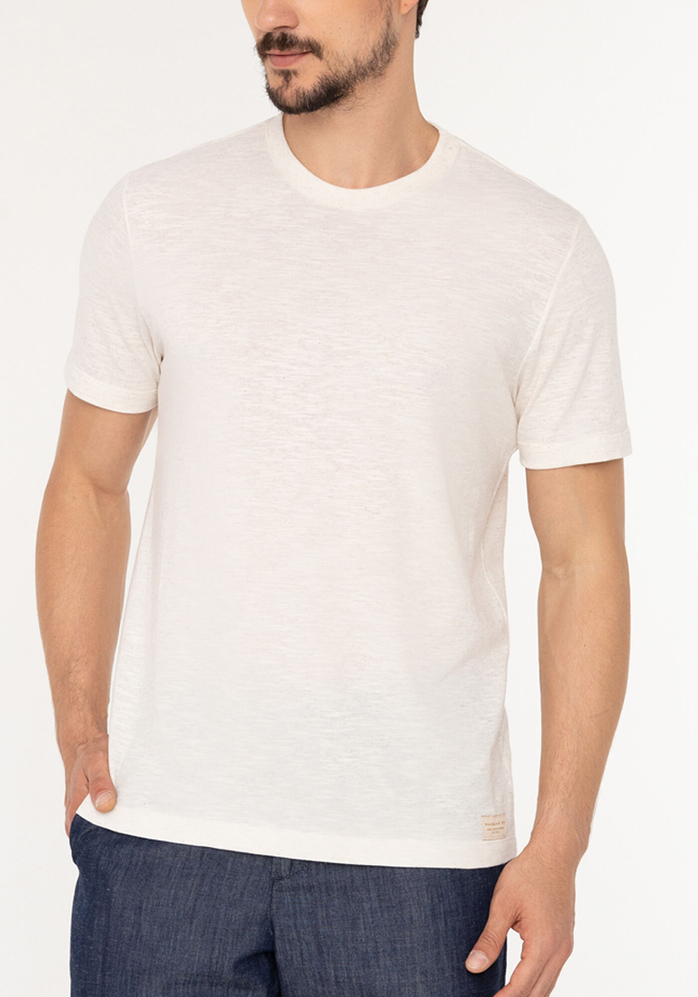Camiseta B&aacute;sica De Mangas Curtas Com Linho Em Malha Flam&ecirc;, BRANCO OFF WHITE, large.