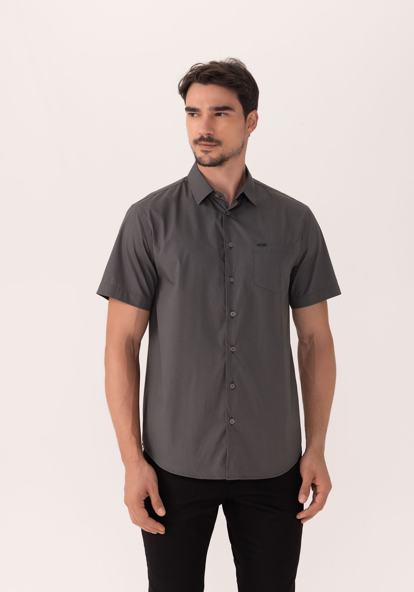 Camisa Comfort Com Manga Curta E Bolso Em Tecido Mercerizado, CINZA NOTI, large.