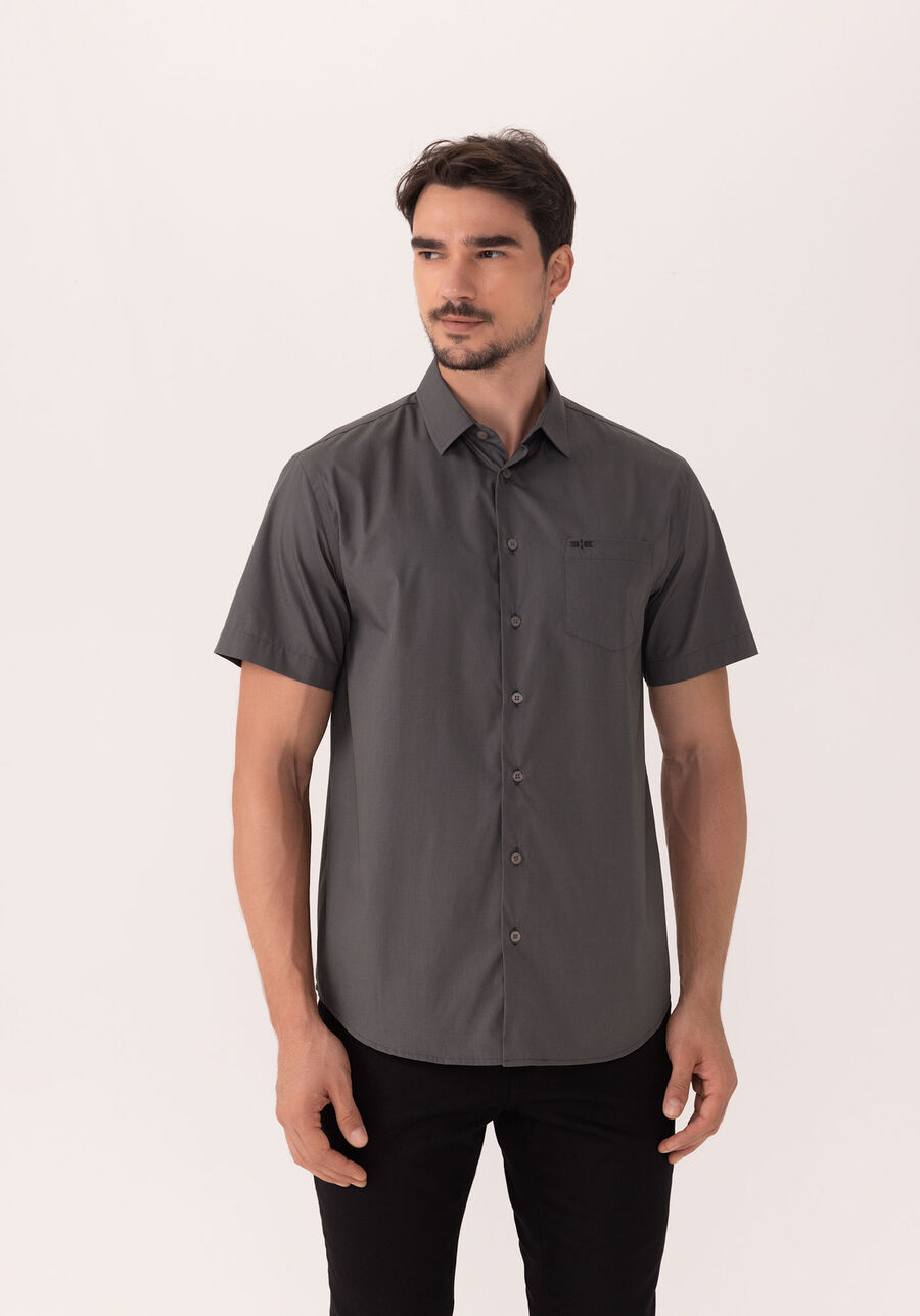 Camisa Comfort Com Manga Curta E Bolso Em Tecido Mercerizado, CINZA NOTI. Camisa Comfort Com Manga Curta E Bolso Em Tecido Mercerizado, CINZA NOTI, large.