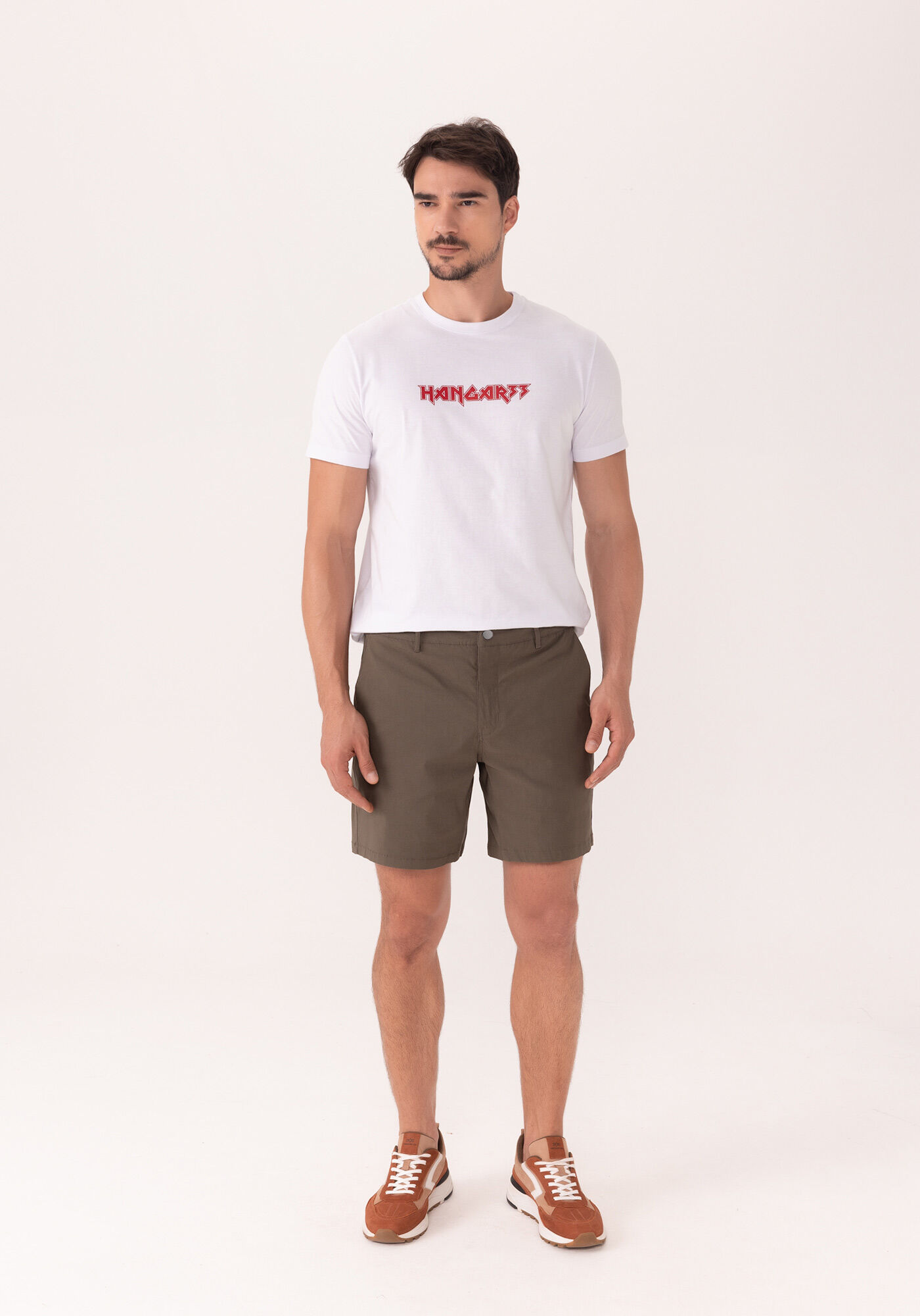 Shorts Em Tecido Plano Com Bolsos E Elastano, VERDE, large.