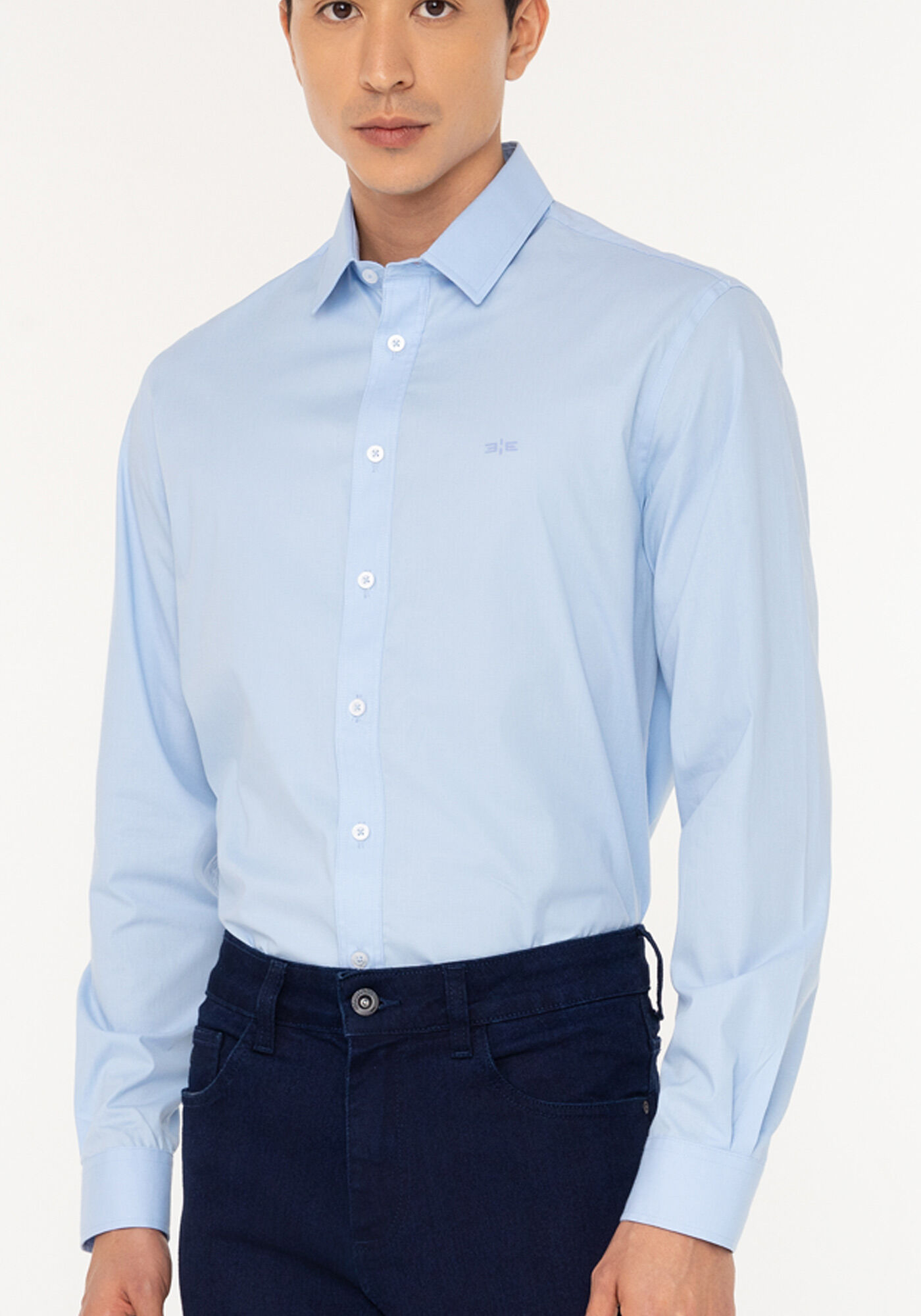 Camisa De Mangas Longas Com Elastano Slim Fit, AZUL, large.