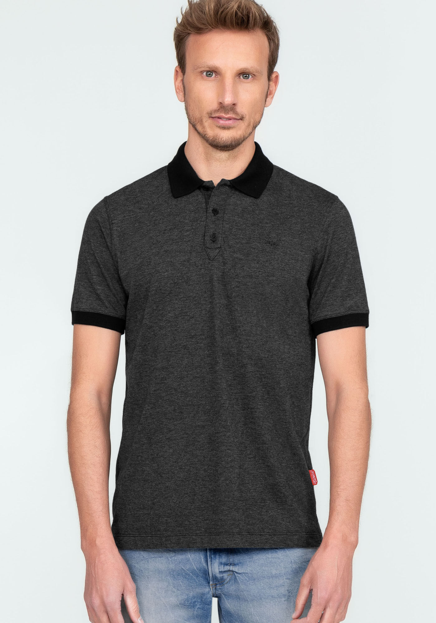 Camisa Polo em Malha Flex com Retil&iacute;nea, PRETO REATIVO, large.