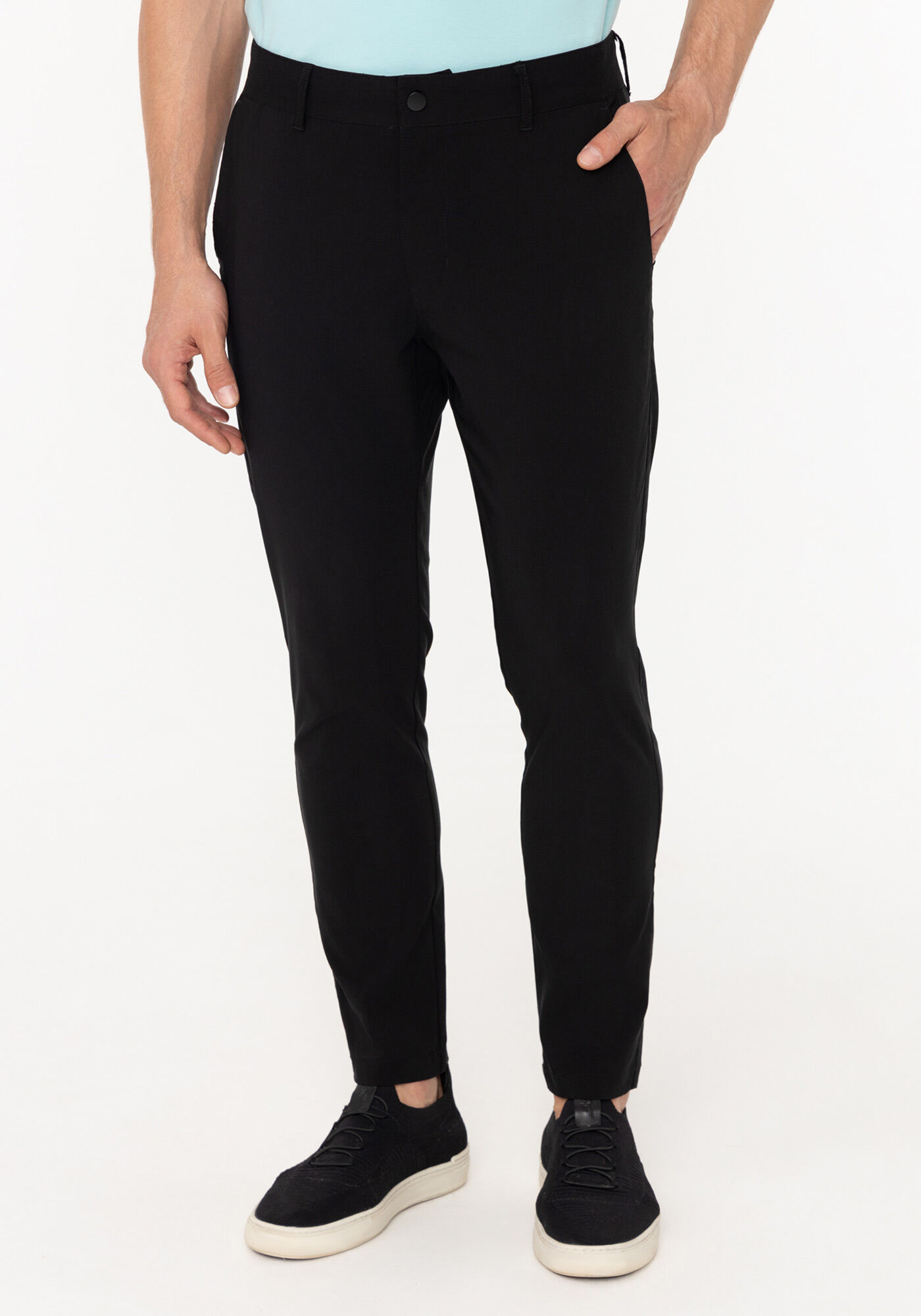 Cal&ccedil;a Em Tecido Plano Com Bolsos E Elastano, PRETO REATIVO, large.