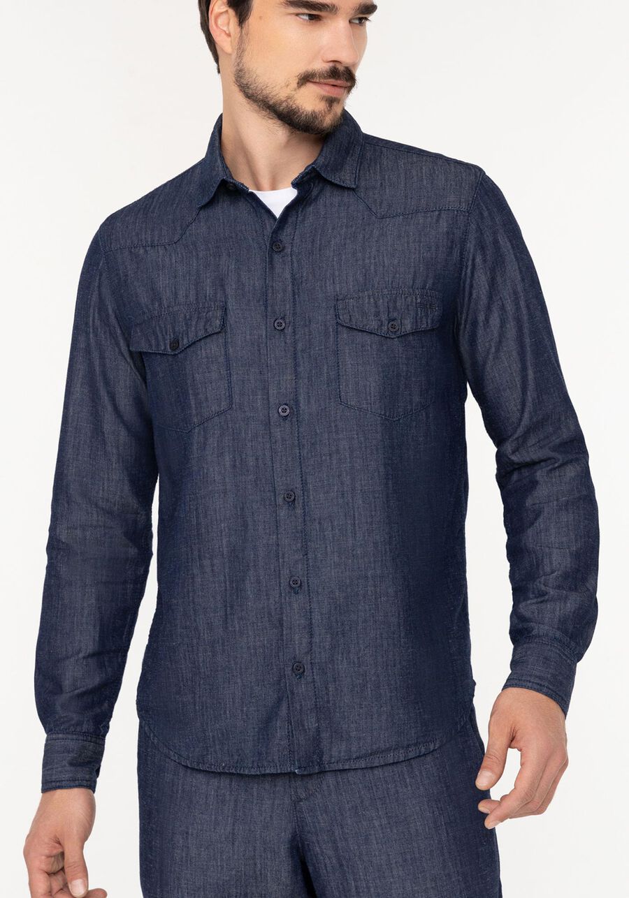 Camisa Masculina Jeans Amaciada Com Linho E Mangas Longas, JEANS. Camisa Masculina Jeans Amaciada Com Linho E Mangas Longas, JEANS, large.