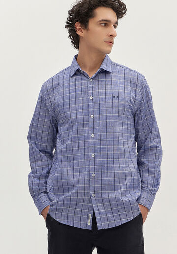 Camisa Masculina De Mangas Longas Comfort Em Tecido Plano, AZUL. Camisa Masculina De Mangas Longas Comfort Em Tecido Plano, AZUL, large.