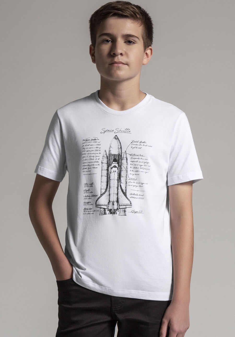Camiseta Juvenil com Estampa Ônibus Espacial, BRANCO, large.