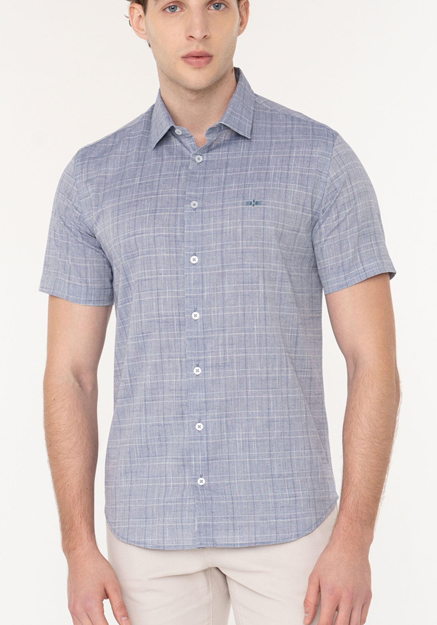 Camisa Xadrez De Mangas Curtas Slim Fit Em Tecido Flam&ecirc;, MARINHO IMPERIO, large.