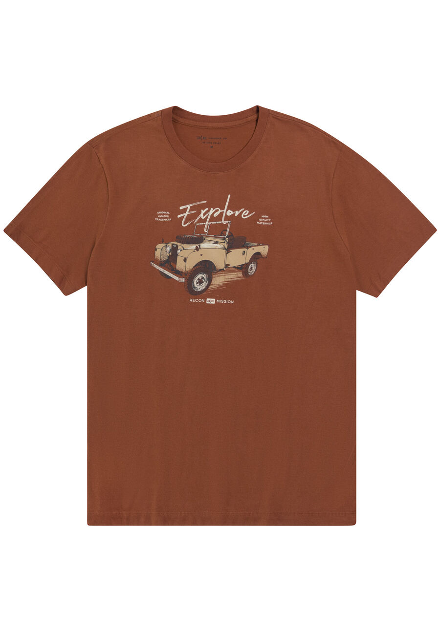 Camiseta Masculina em Malha Peletizada Estampada, LARANJA FERRUGEM. Camiseta Masculina em Malha Peletizada Estampada, LARANJA FERRUGEM, large.