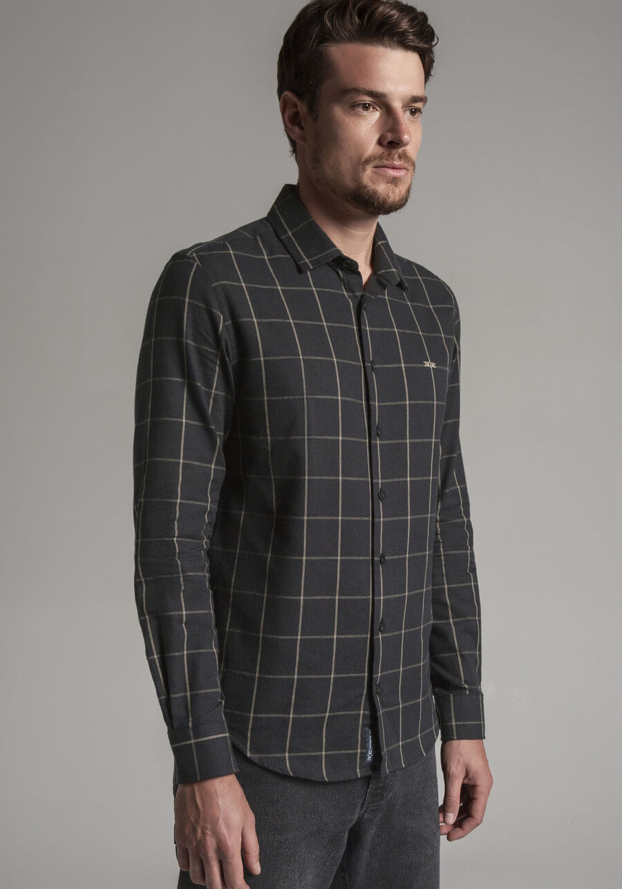 Camisa Masculina Slim Fit em Flanela Xadrez, PRETO REATIVO. Camisa Masculina Slim Fit em Flanela Xadrez, PRETO REATIVO, large.