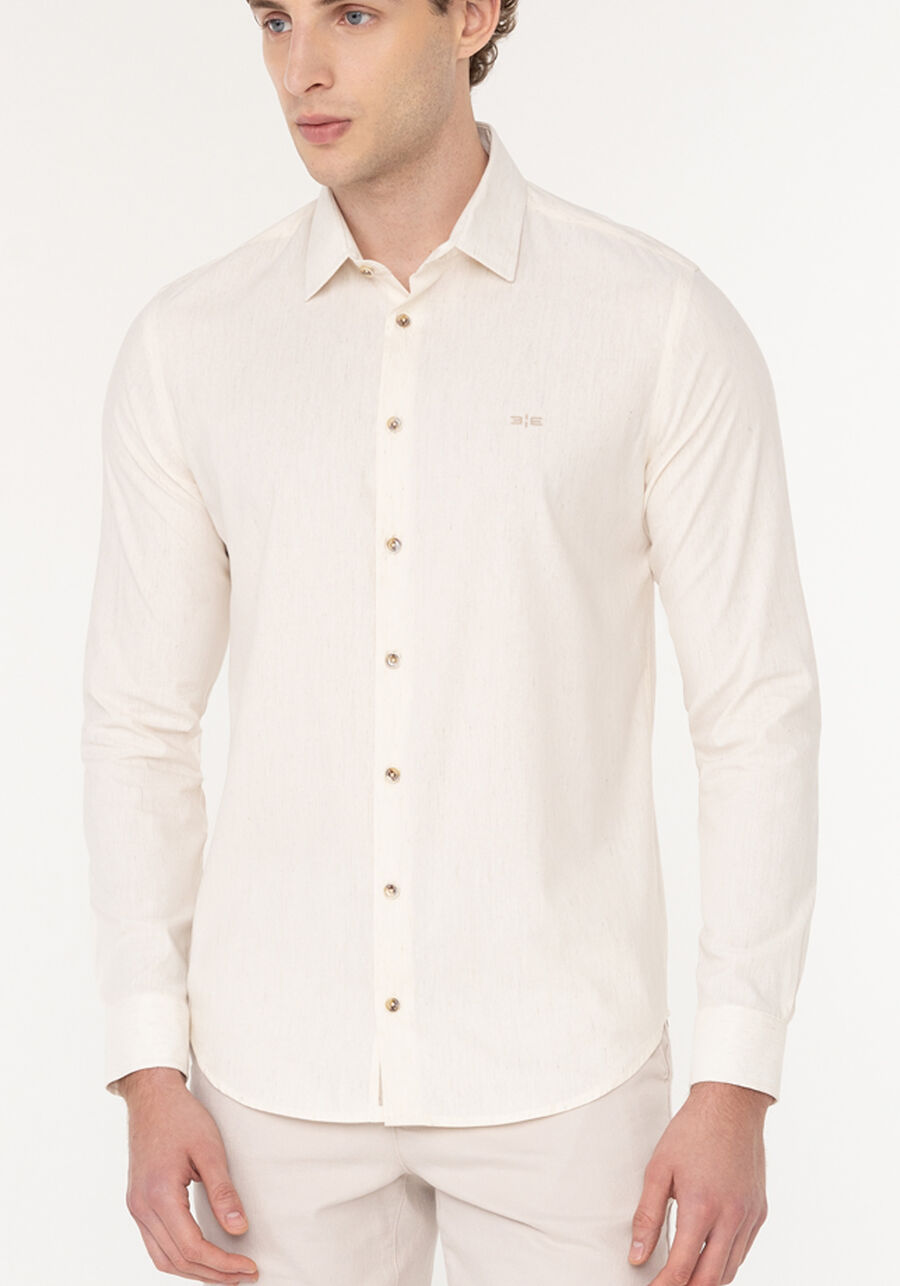 Camisa De Mangas Longas Slim Fit Com Linho, BRANCO OFF WHITE. Camisa De Mangas Longas Slim Fit Com Linho, BRANCO OFF WHITE, large.