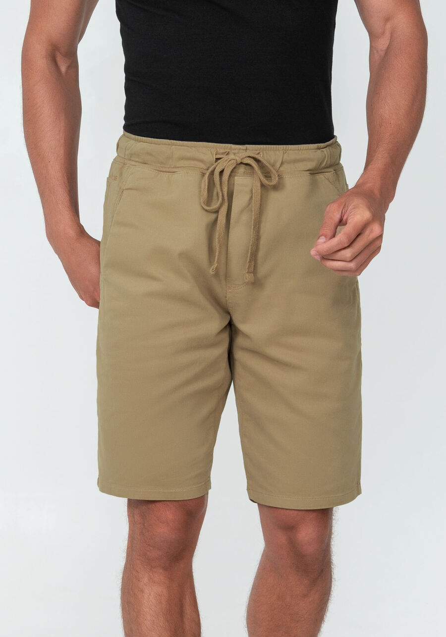 Bermuda Jogging Com Bolsos Em Sarja Denim Malha, CAQUI RAIZ. Bermuda Jogging Com Bolsos Em Sarja Denim Malha, CAQUI RAIZ, large.