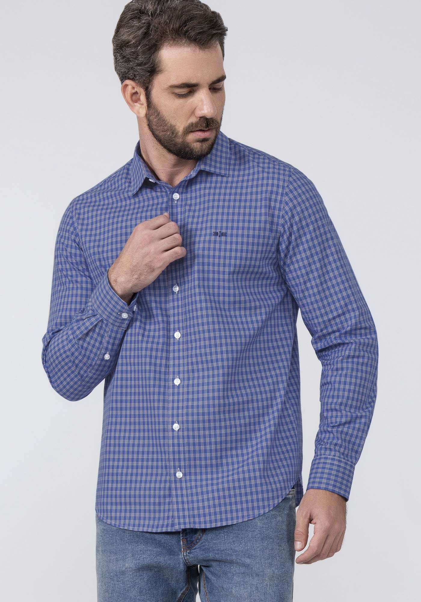 Camisa de algodão com estampa xadrez Gingham (Azure Terroso) - Homens